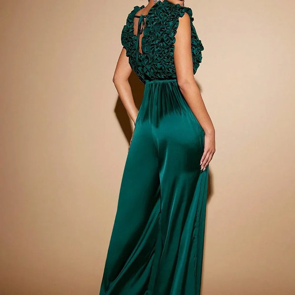 Green Party Women's Plunging Neck Ruffle Wide Leg Jumpsuit - Picture 3 of 6